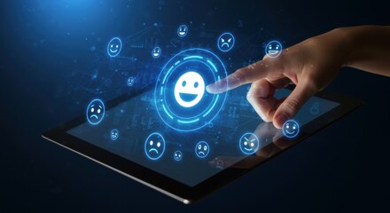Hand of a woman touching a virtual tablet with cheerful smiley icons. Customer satisfaction and positive feedback concept.