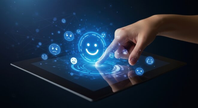Hand of a woman touching a virtual tablet with cheerful smiley icons. Customer satisfaction and positive feedback concept.