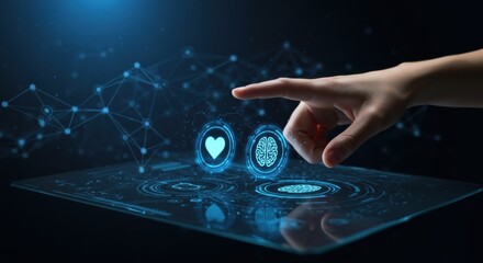 Woman touches a futuristic screen with digital icons. Artificial intelligence and machine learning concept. Innovation and technology.