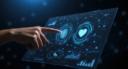 Woman touches a futuristic screen with digital icons. Artificial intelligence and machine learning concept. Innovation and technology.