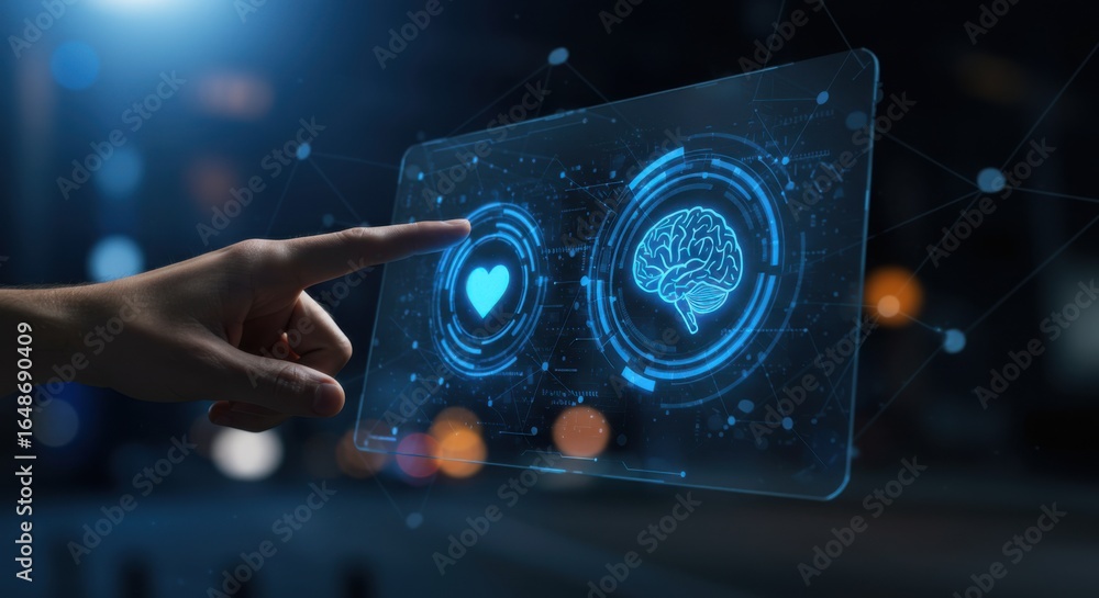 Aufkleber woman hand clicks love icon on transparent screen with brain. artificial intelligence and emotion co