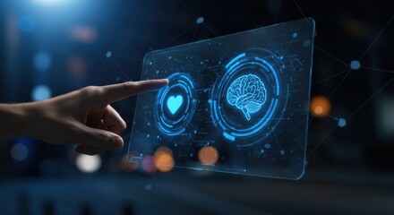 Woman hand clicks love icon on transparent screen with brain. Artificial intelligence and emotion connection concept. Digital data interface for modern technology application.