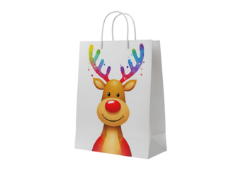 Festive Christmas Shopping Bag Featuring Cute Reindeer Design and Colorful Antlers