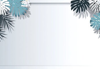 White background framed by teal and black paper cut tropical leaves and flowers