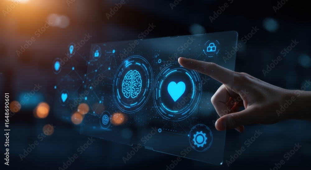 Aufkleber woman hand clicks love icon on transparent screen with brain. artificial intelligence and emotion co