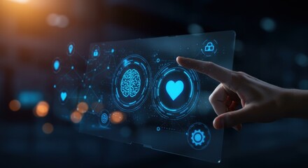 Woman hand clicks love icon on transparent screen with brain. Artificial intelligence and emotion connection concept. Digital data interface for modern technology application.