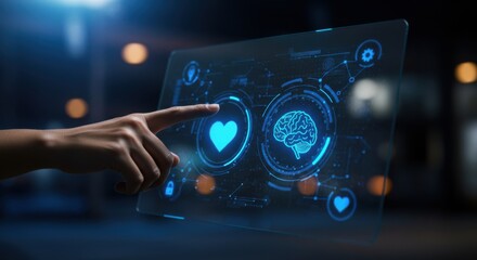 Woman hand clicks love icon on transparent screen with brain. Artificial intelligence and emotion connection concept. Digital data interface for modern technology application.