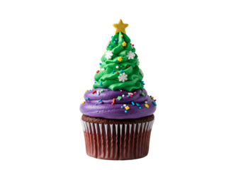 Festive Christmas Tree Cupcake with Decorated Green and Purple Frosting Topping and Gold Star On Top
