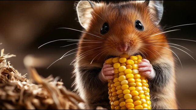 Hamster joyfully munching on corn cob in cozy habitat during afternoon light