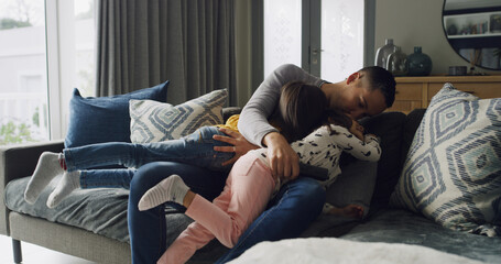 Family, man and children on sofa with hug, bonding together and love for memory in home. Support,...