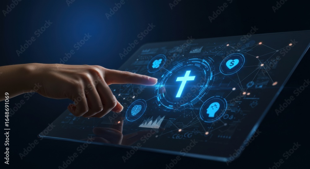 Aufkleber hand selects a cross icon on a transparent screen with icons symbolizing different spheres of life. 