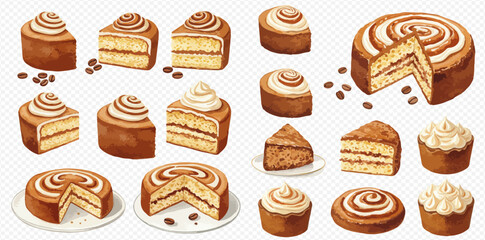 Assorted coffee cakes and cupcakes, whole and sliced, showing layers and frosting swirls.