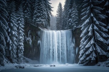 Naklejka premium Frozen waterfall in a snow covered forest