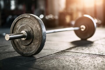 Disassembled Weight Bar on Gym Floor. Athletic Equipment for Strength Training and Bodybuilding.