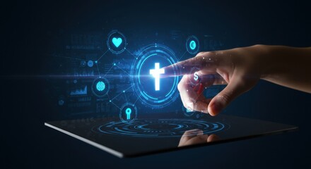 Woman's hand interacting with virtual cross symbol. Digital Christian religious concept for faith engagement in cyber technology.