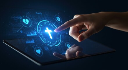 Woman's hand interacting with virtual cross symbol. Digital Christian religious concept for faith engagement in cyber technology.