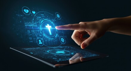 Woman's hand interacting with virtual cross symbol. Digital Christian religious concept for faith engagement in cyber technology.