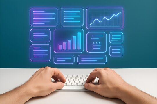 Futuristic concept of a person typing on a keyboard with a floating holographic user interface