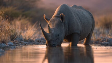 Image of a large wild rhinoceros drinking water in a lake at sunset