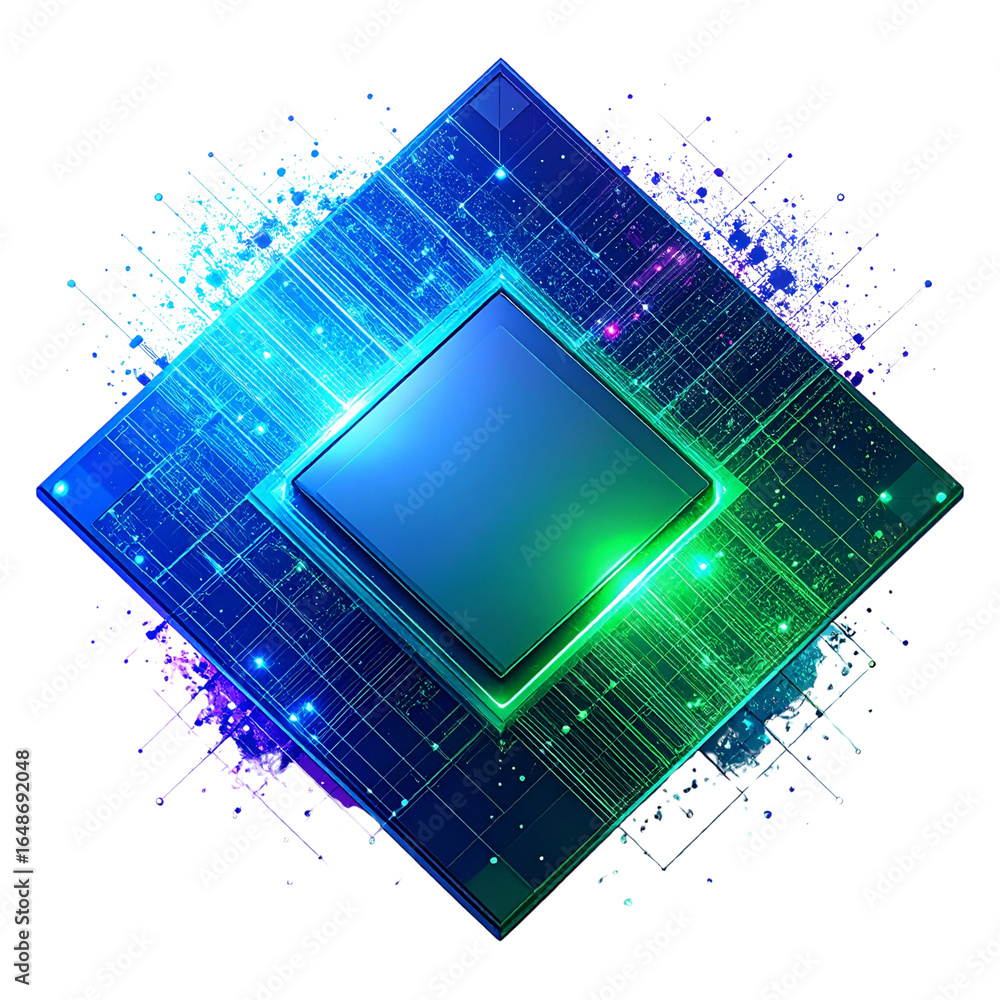 Aufkleber isolated blue electronic circuit board with a closeup of a computer chip and microchip components, s