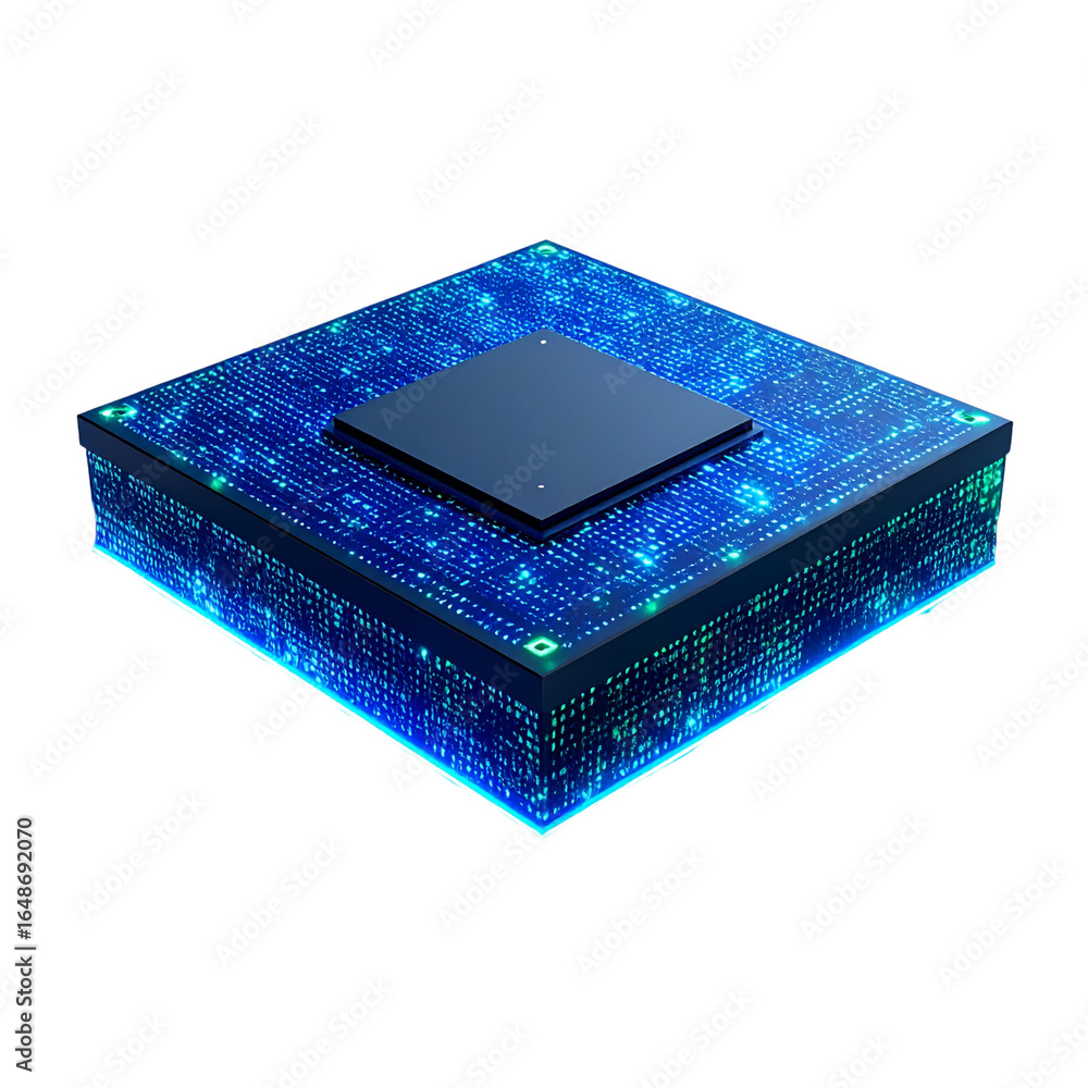 Poster isolated blue electronic circuit board with a closeup of a computer chip and microchip components, s