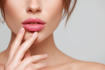 Caucasian Woman Gently Touching Her Lips in a Relaxing Bathroom Setting Focused on Beauty and Self-Care