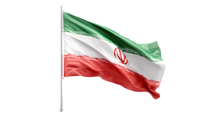 Iranian flag waving gently against a black background with a pole on the left side of the flag