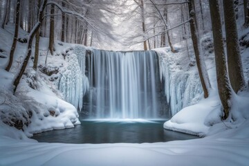 Frozen waterfall in a snowy forest landscape
