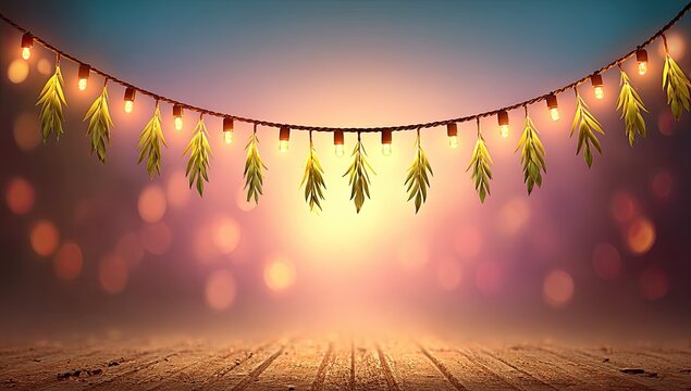 Warm string lights with leaves hang over a wooden surface, soft bokeh background