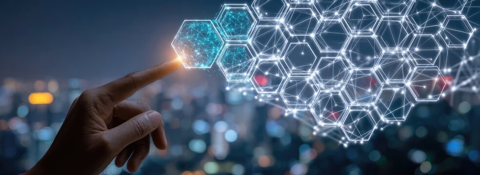 A hand points to a glowing, interconnected network of hexagons, blurred cityscape in the background