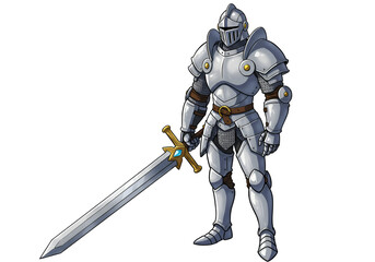 Fototapeta premium Fictional medieval knight in shiny armor wielding a sword, standing confidently against a black