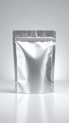 Blank silver foil pouch on a light background