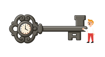 Obraz premium Ornate key with clock and male character illustration