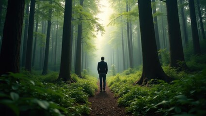 Person walking through a misty forest.