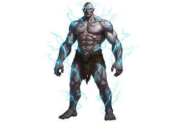 Fototapeta premium Fictional powerful humanoid creature with muscular build and electrical powers against a black