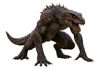 Fototapeta premium Fierce and intimidating alien creature with glowing red eyes and sharp teeth on a black background