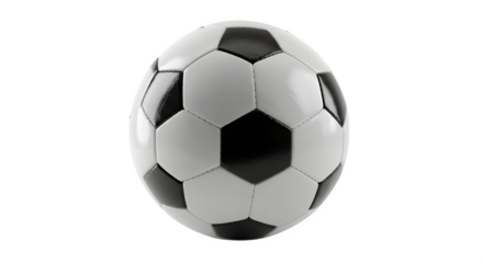 Soccer ball in black and white shows sport theme. Round, smooth surface with soft lighting. Great for sports branding, posters, product staging.
