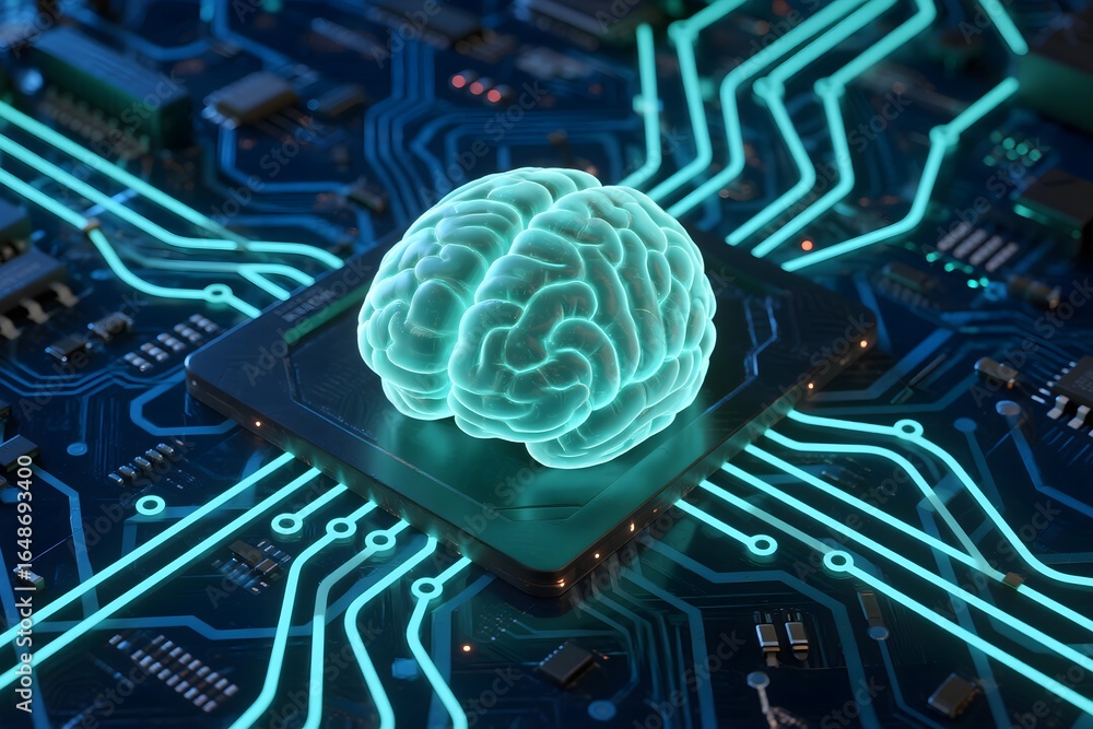 Poster ai brain on circuit board concept for artificial intelligence and machine learning tech