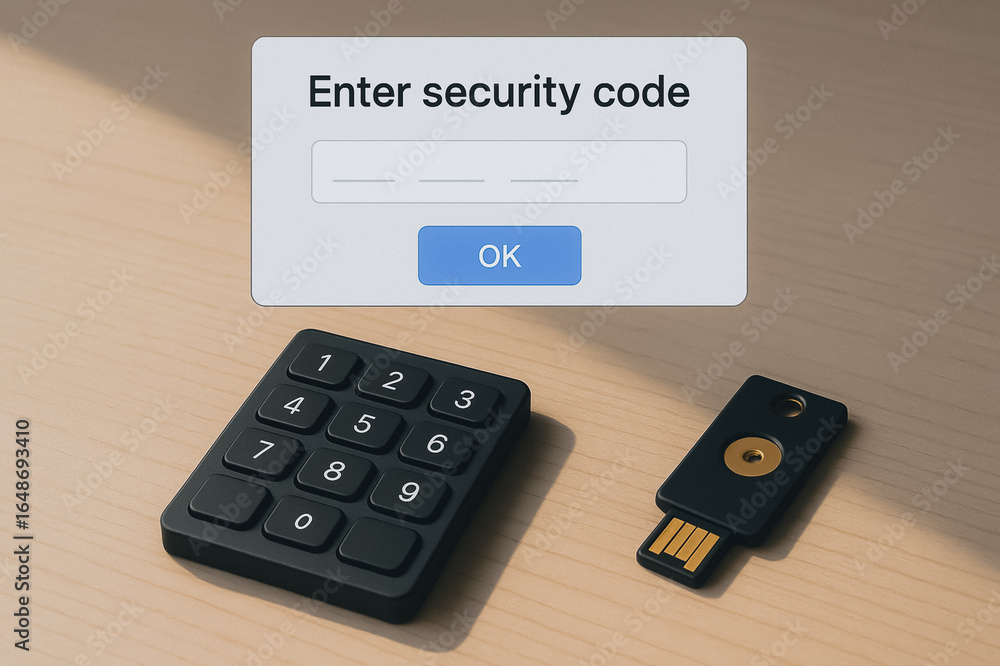 Poster digital security: a close-up shot showcases digital security elements, with a secure login prompt, a