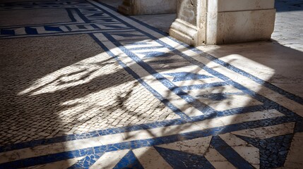 Detailed mosaic floor with patterned shadows.