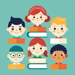 Cartoon School Children with Books in Flat Style
