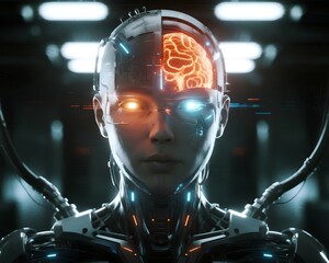 Futuristic ai robot with glowing brain and eyes concept art digital illustration design