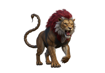 Fierce and Majestic Mythical Lion with a Fiery Red Mane Roaring Display