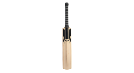 Cricket bat sports equipment with wooden texture stands centered on black background for product shot.