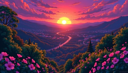 Romantic Sunset Vista with Cheerful Cartoon Style
