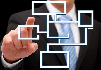 A hand touching a graphical flowchart, possibly a business process