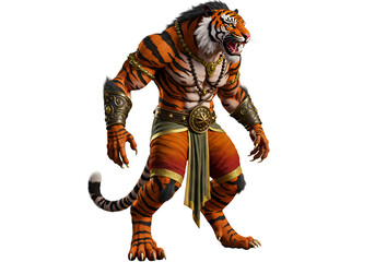 Fierce anthropomorphic tiger warrior with muscular build dressed in traditional armor and