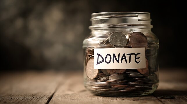 Donate money jar charity fundraising concept donation financial help support give back contribute now saving change