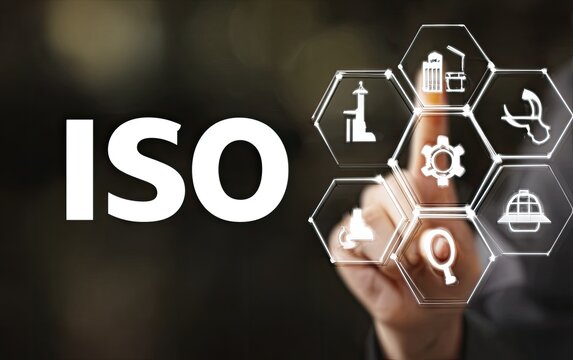 Hand touching a digital interface displaying "ISO" and industry icons