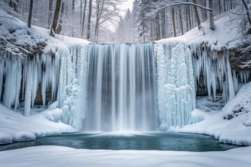 Frozen waterfall in a snowy forest